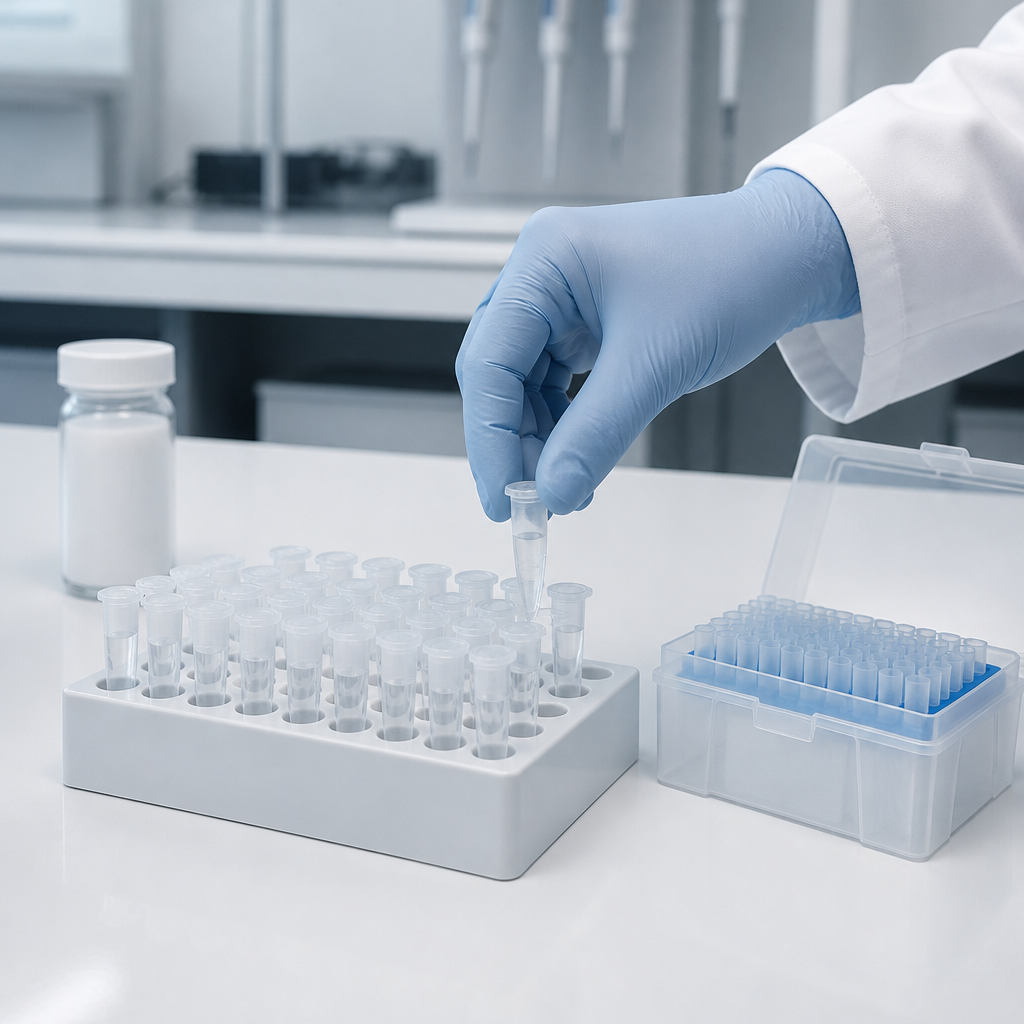 Rack of single-use microcentrifuge tubes being filled from a vial during a peptide aliquoting protocol.
