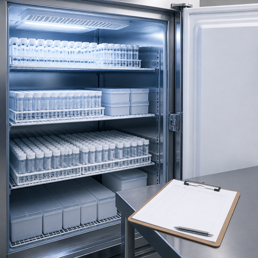 Organized laboratory freezer shelves holding stored peptide aliquot tubes beside a blank documentation clipboard.