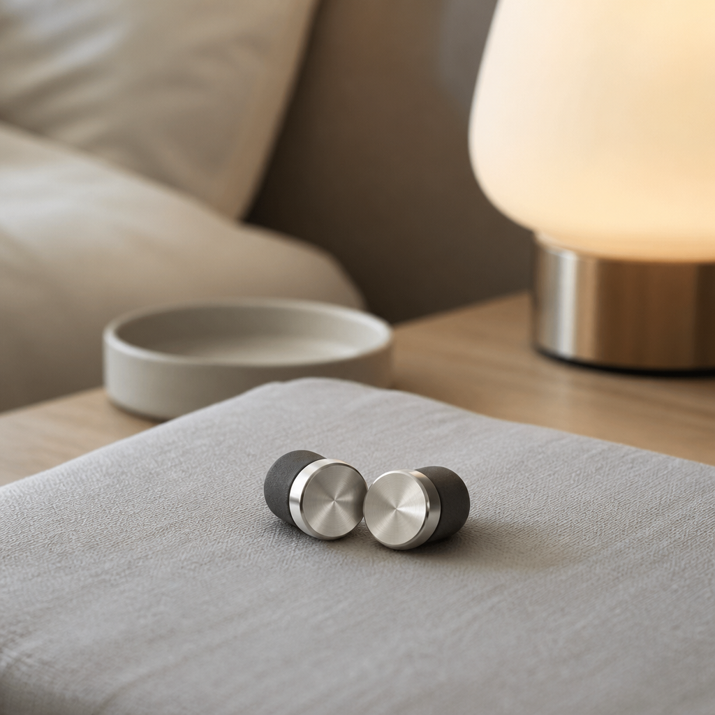 Metal-bodied reusable ear plugs with soft foam tips resting on a bedside table for hyperacusis and noise sensitivity.