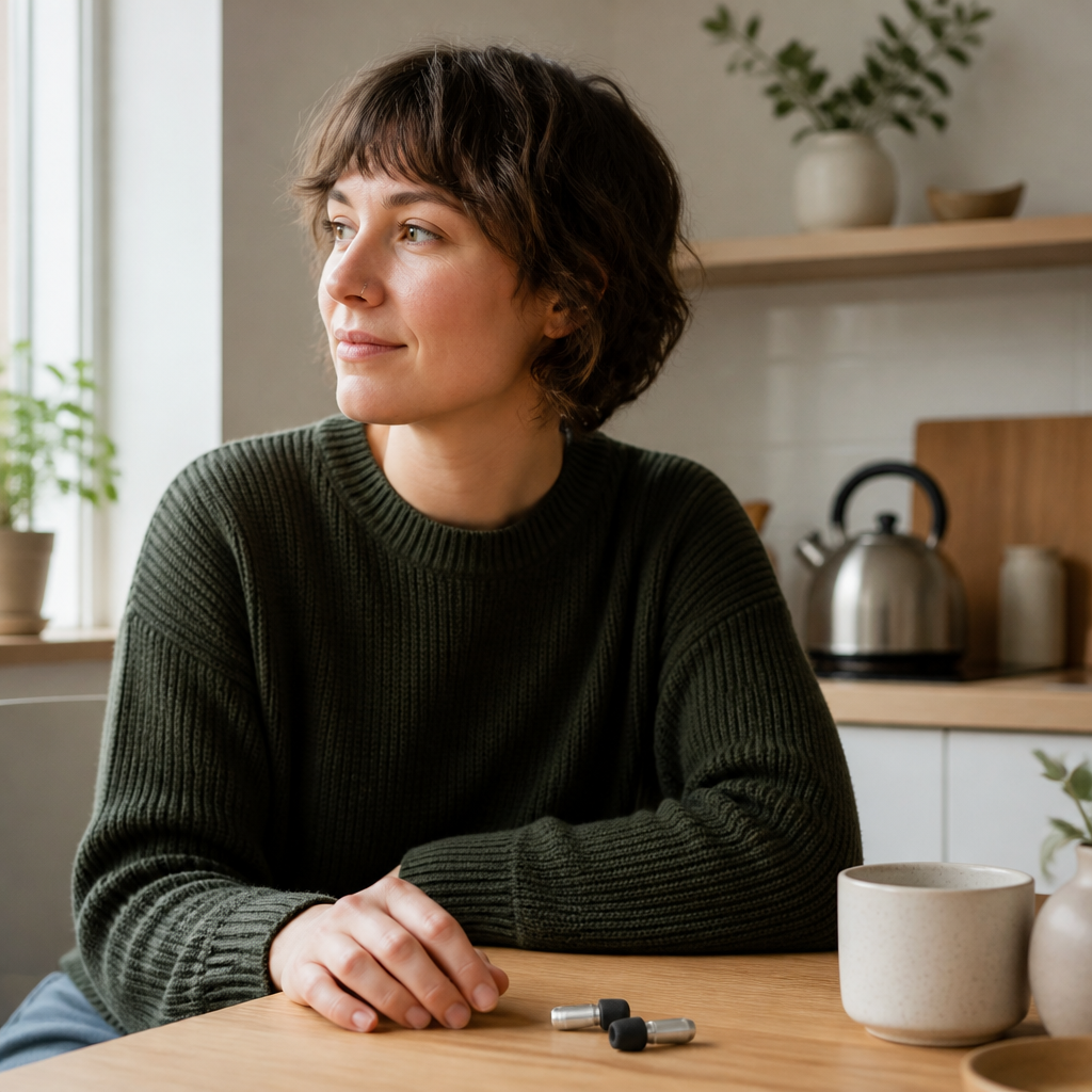 Person sitting calmly in a quiet kitchen with reusable ear plugs nearby, coping with sound sensitivity at home.
