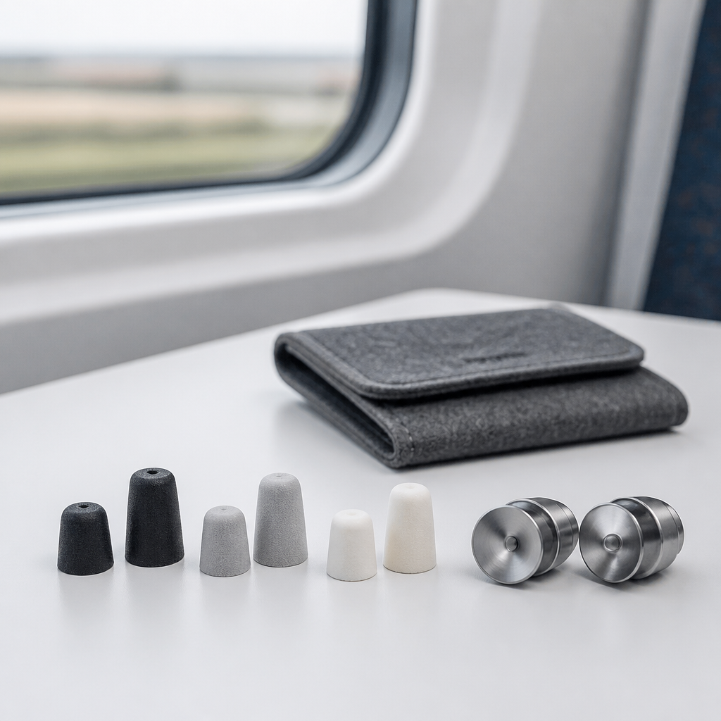 Three foam ear plug tip sizes beside metal ear plug bodies with a travel pouch, showing choosing the right fit.