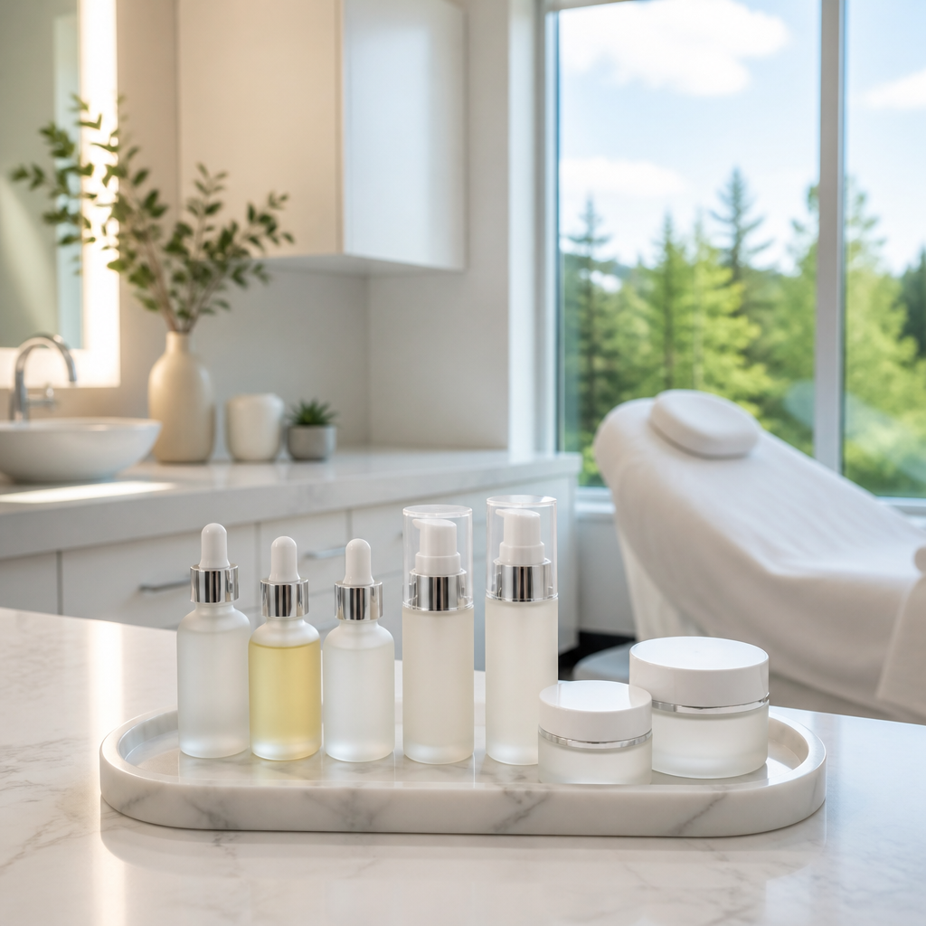 Plain unlabelled skincare serum bottles and creams arranged on a marble tray in a bright Aurora medical spa treatment room.