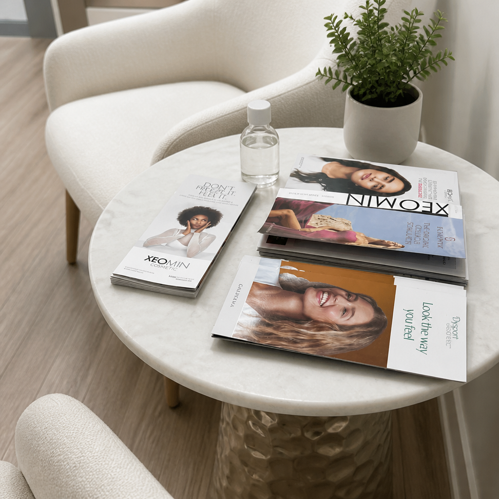 Printed skincare guides and information cards fanned on a side table beside a white armchair in a medspa waiting lounge.