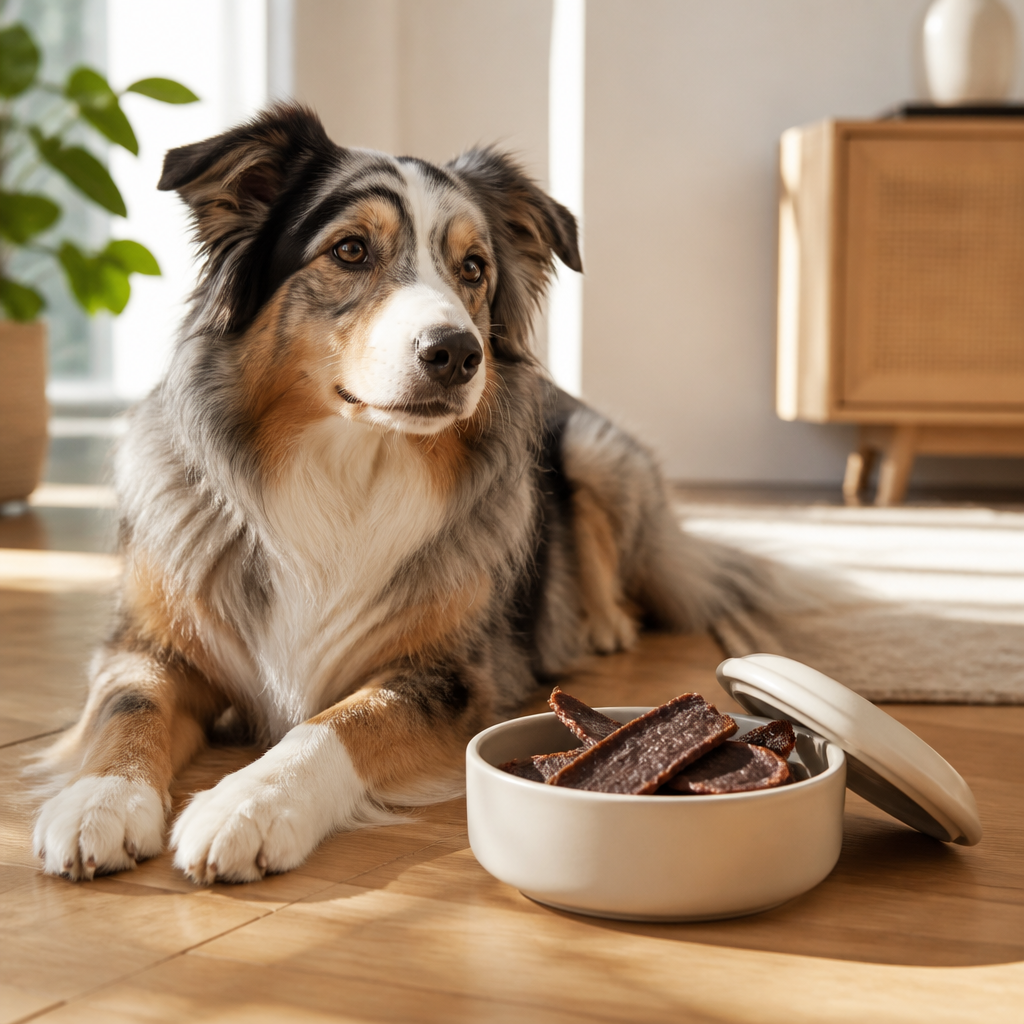 Dog resting on a sunlit wooden floor beside a bowl of plain air-dried meat treats in a clean home setting.