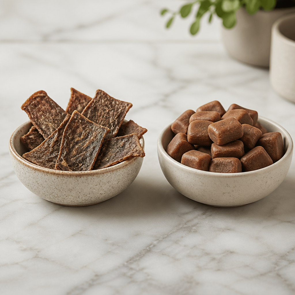 Two bowls on a countertop showing natural air-dried meat chips next to generic soft processed pet treats.