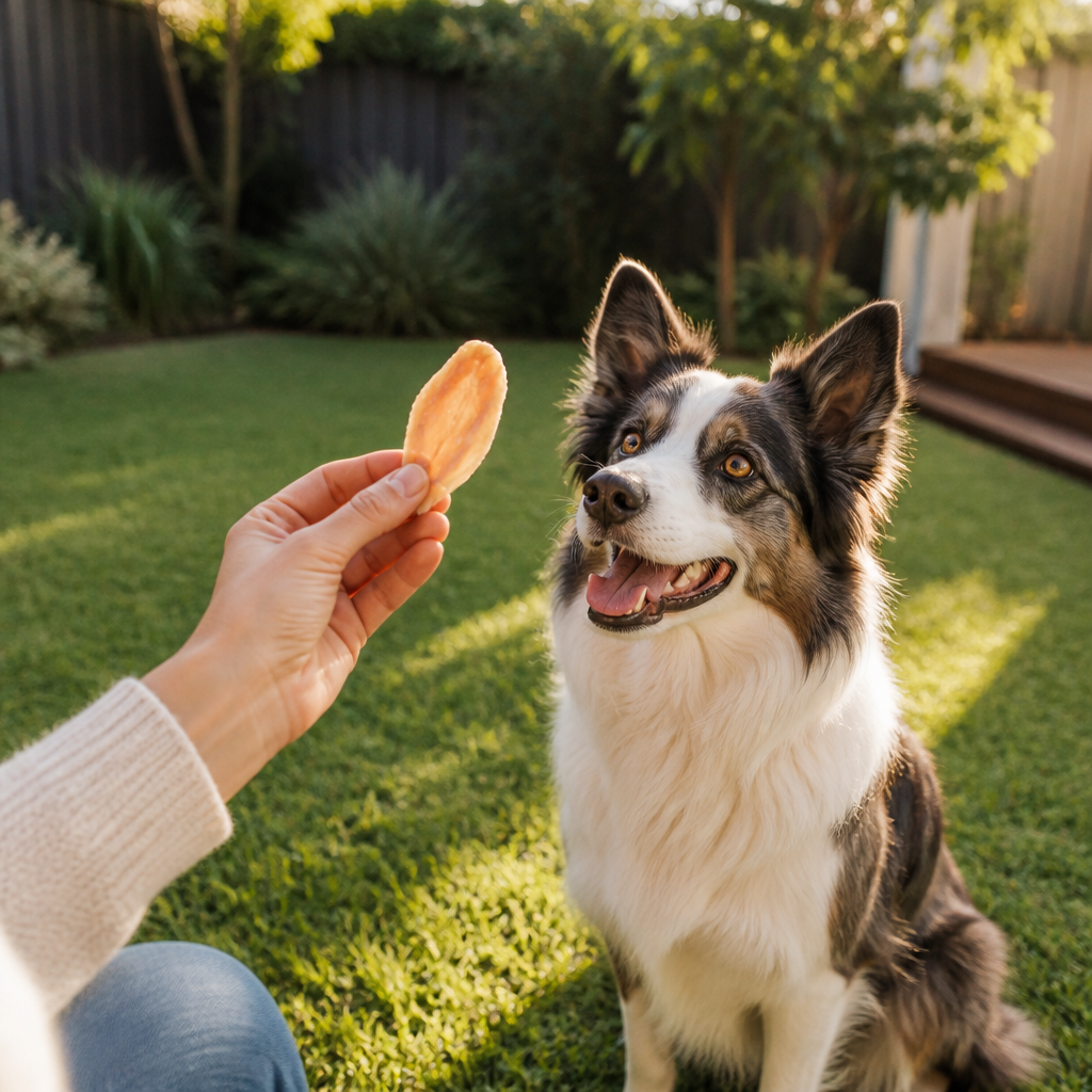 Hand offering a single air-dried chicken treat to an alert dog sitting on a backyard lawn in morning light.