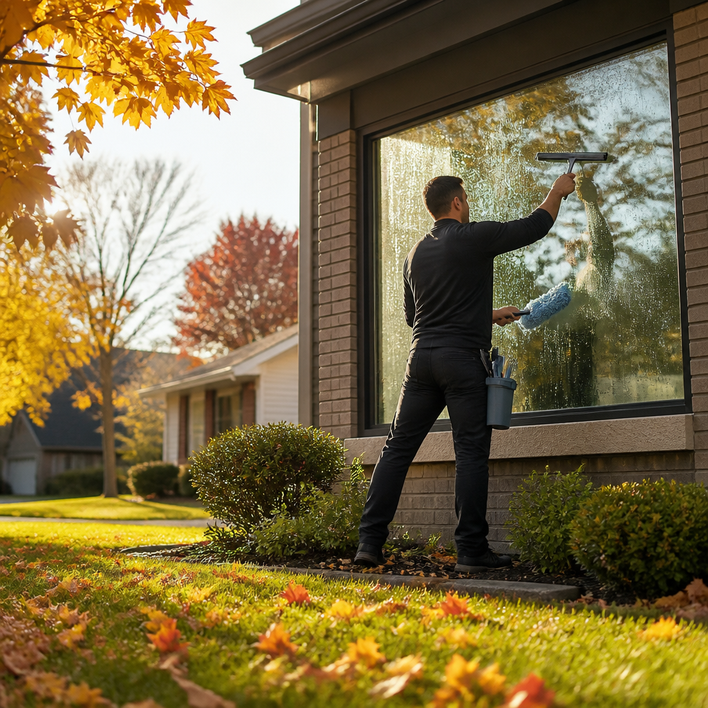 Professional window cleaner washing a ground-floor window of a St. Catharines home in warm autumn light.
