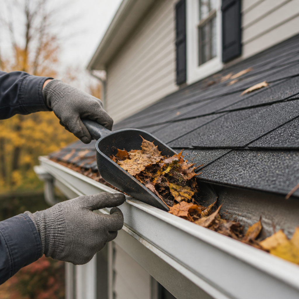 Clearing leaves from a home's eavestrough during autumn gutter maintenance in soft overcast light.