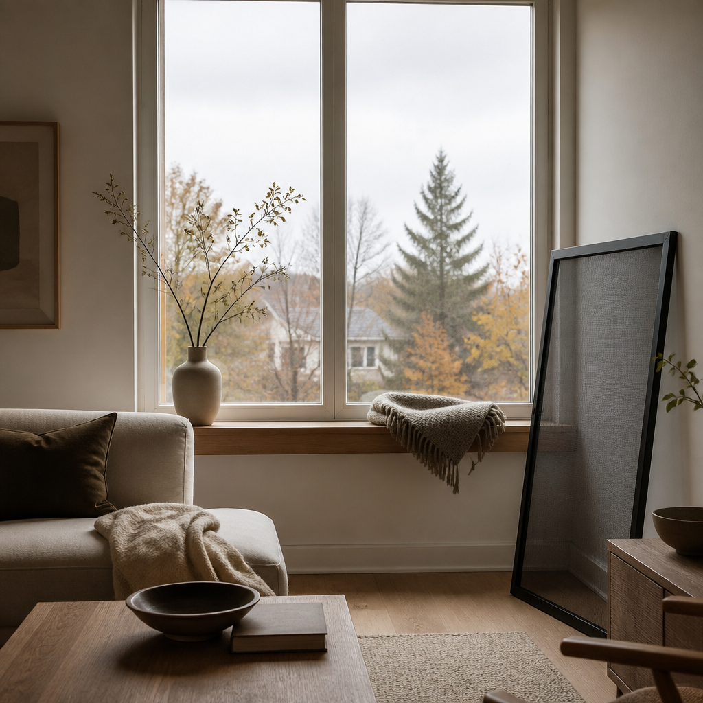 Bright living room with freshly cleaned glass letting in soft fall daylight through a sparkling window.