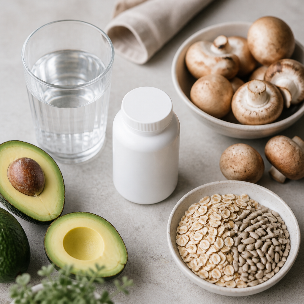 Flat-lay of mushrooms, avocado, oats and seeds beside a plain supplement bottle, showing vitamin B5 food sources in the UK.