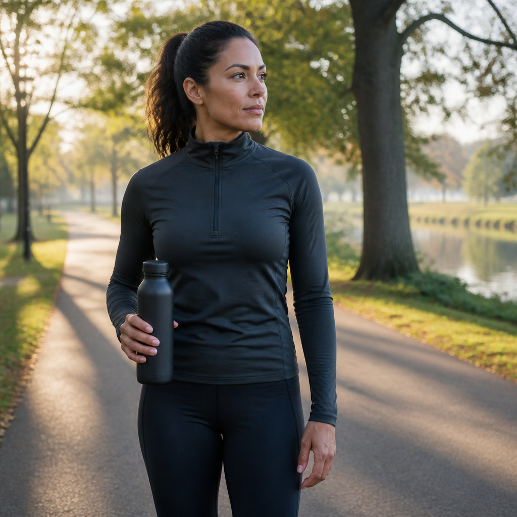 Active adult in plain running gear holding a water bottle on a morning park path, illustrating energy for active people.