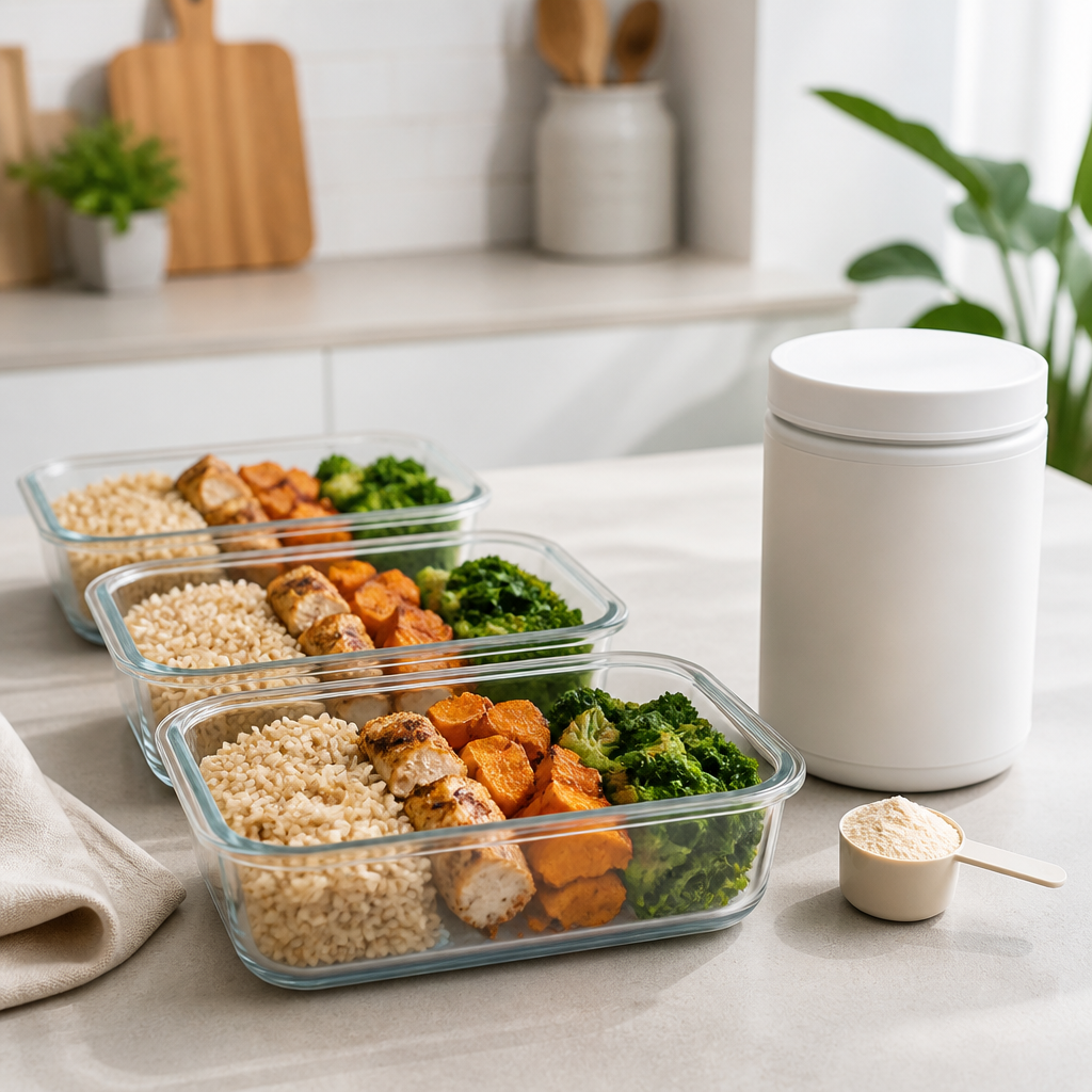 Meal-prep containers with wholegrain rice, vegetables and chicken next to a plain supplement tub on a kitchen counter.