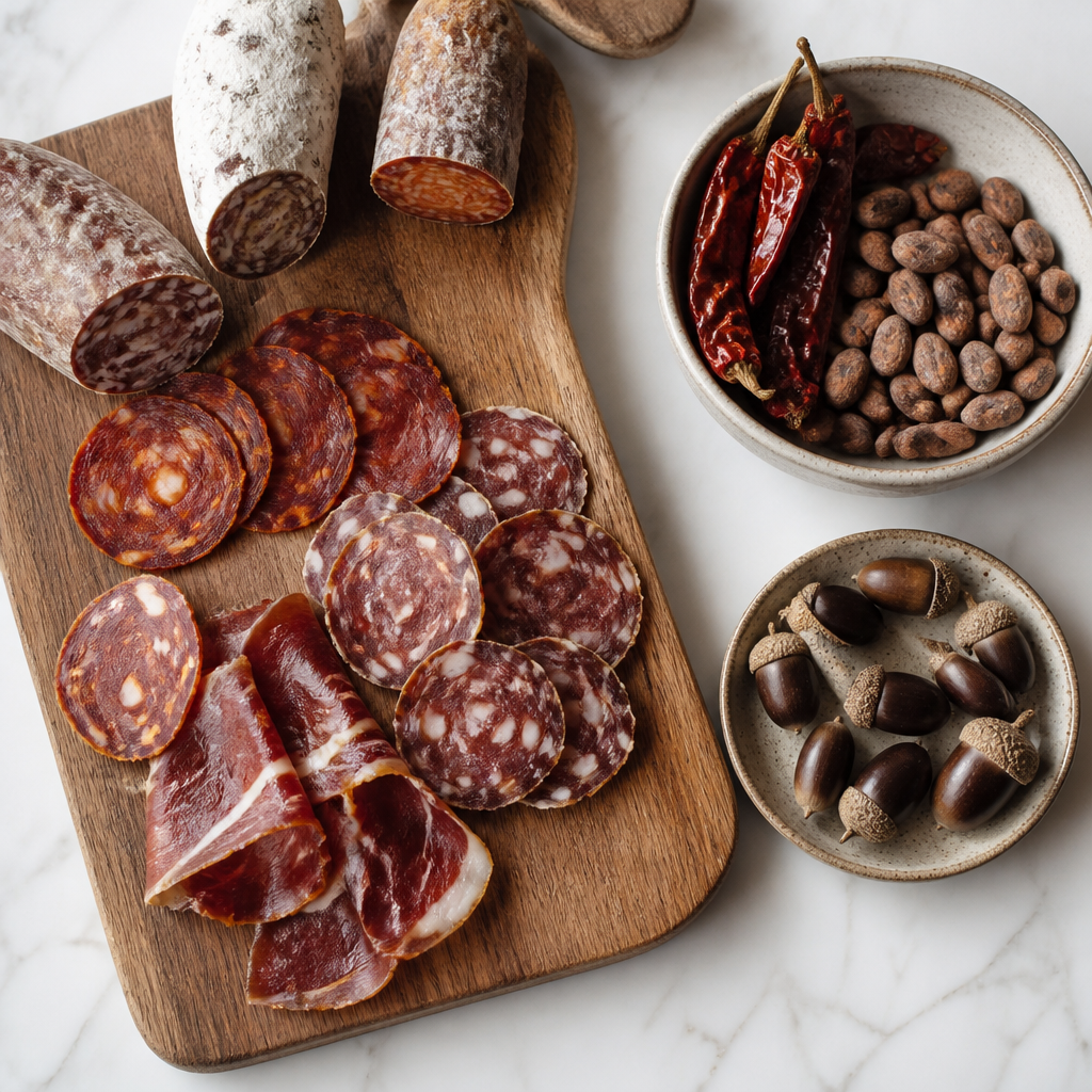 Tabla con embutidos ibéricos en rodajas junto a cacao y pimientos secos, productos que unen tradición y el Nuevo Mundo