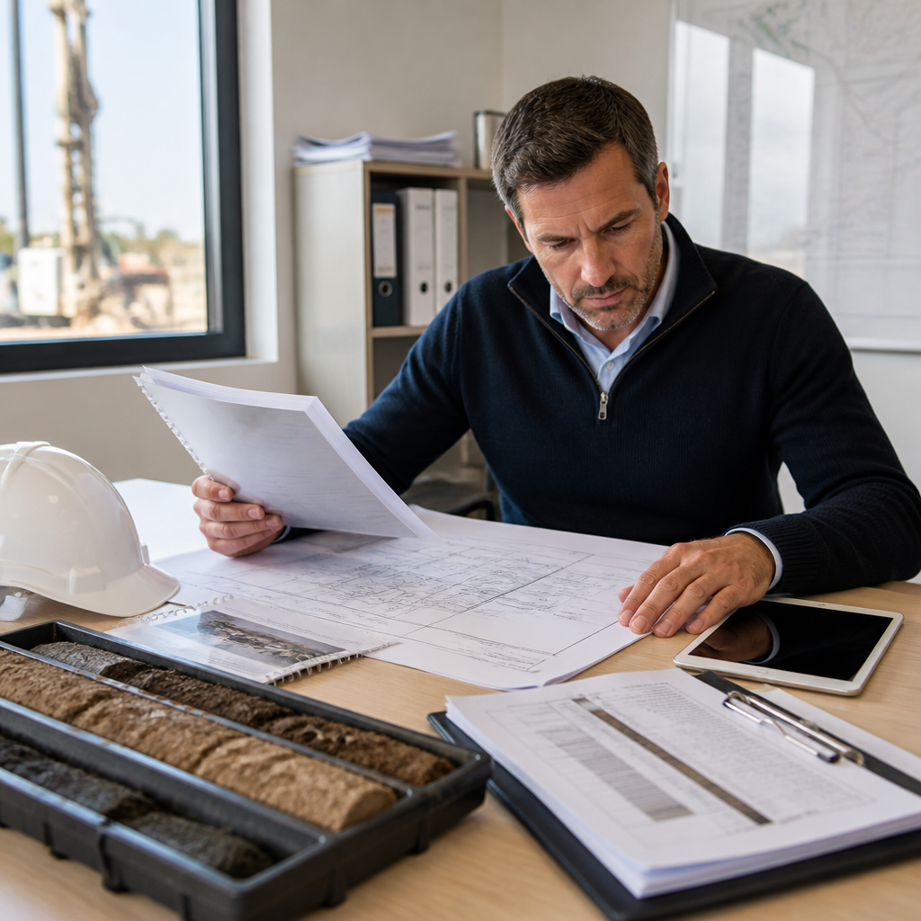 Maître d'ouvrage examinant un rapport d'étude géotechnique et un plan masse sur une table de chantier