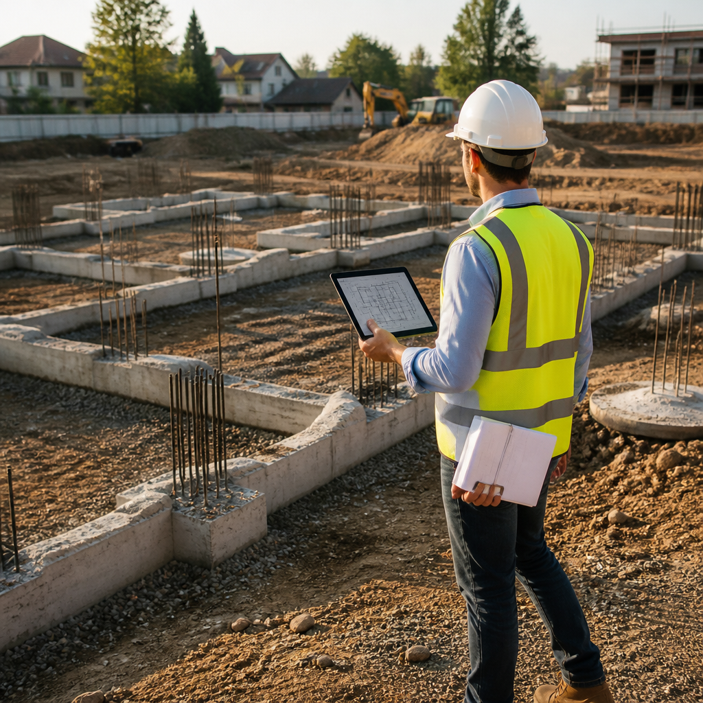Suivi de chantier des fondations avec un ingénieur structure vérifiant le ferraillage sur sol compacté