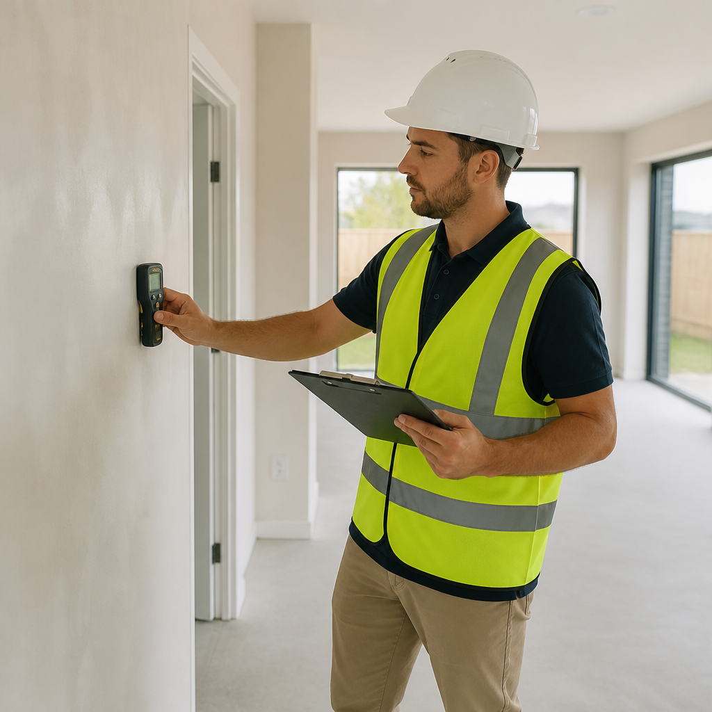 Inspector checking a new home wall for defects with a moisture meter and clipboard during a handover inspection.