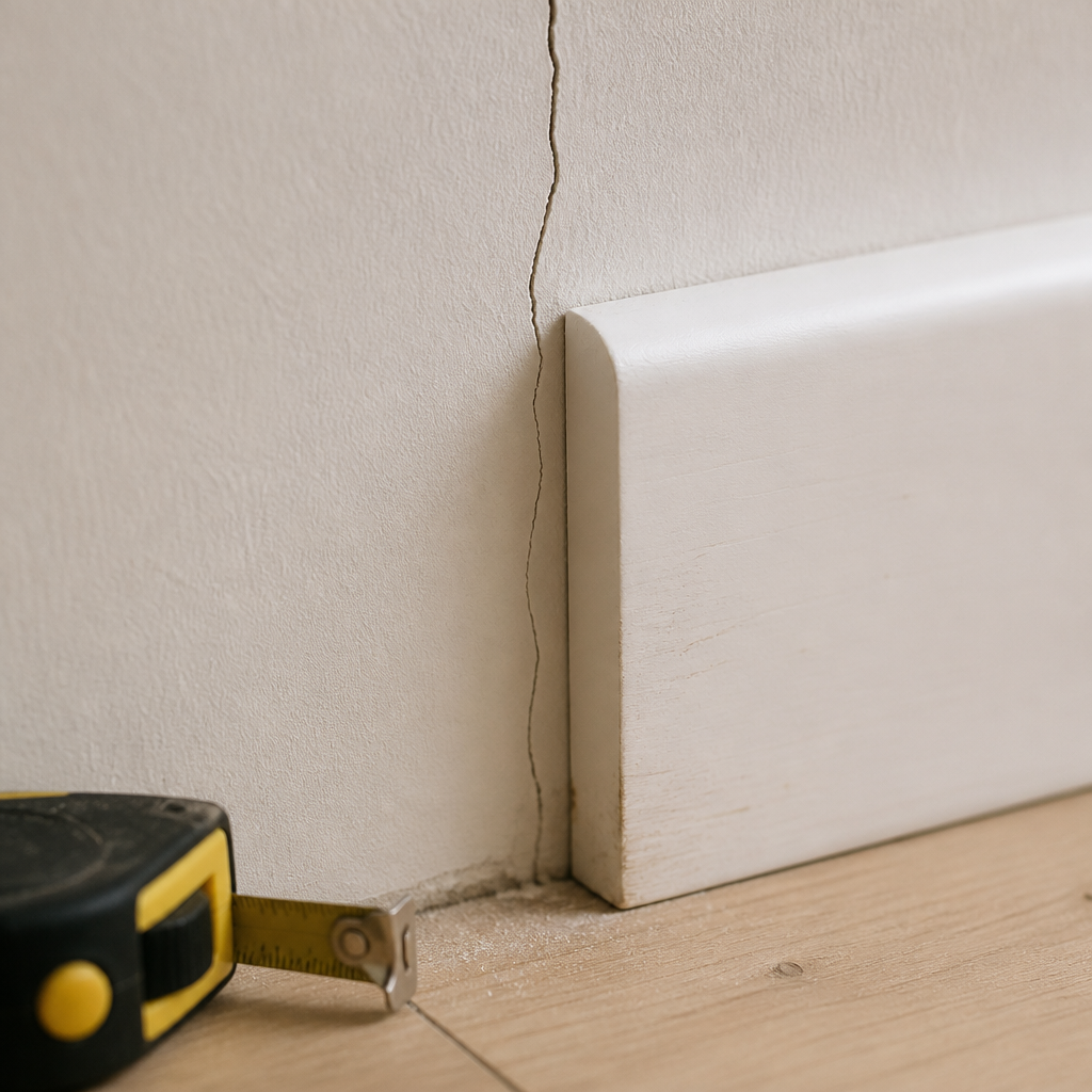 Close-up of a hairline wall crack and a scuffed skirting board in a newly built South East Queensland home.
