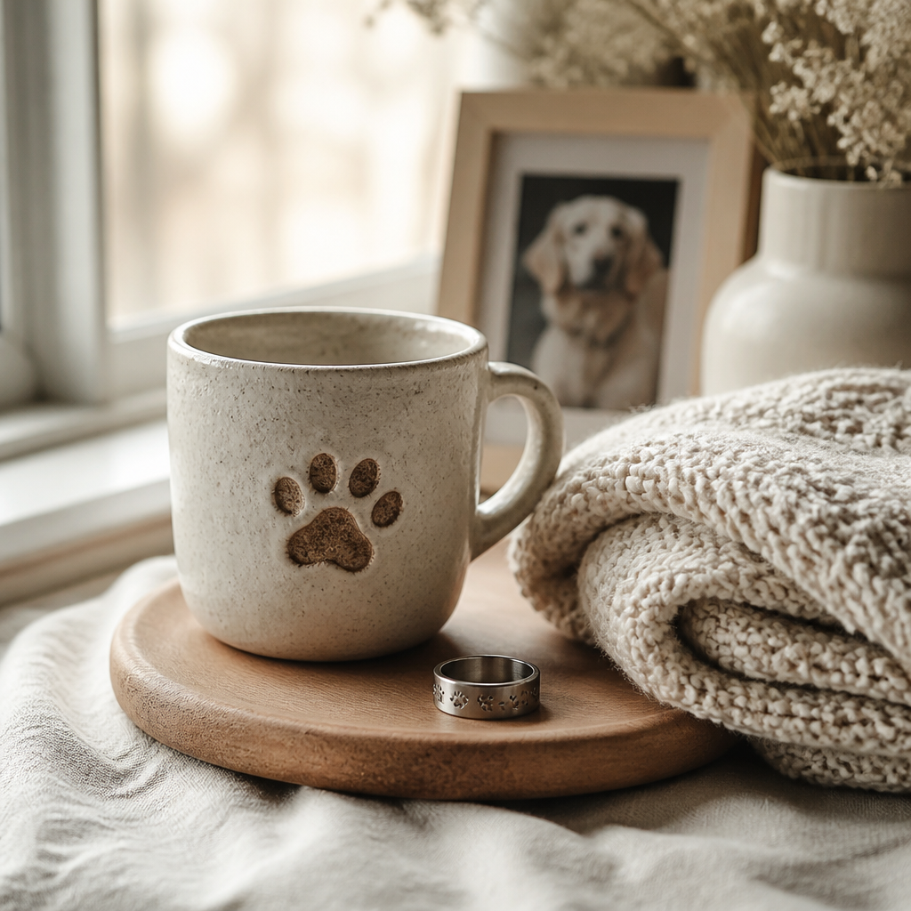 Pet memorial keepsakes including a ceramic mug, folded knit blanket and engraved ring on a sunlit windowsill