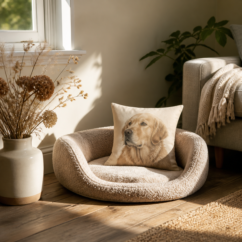 Personalized memorial pillow resting on a pet's sunny nap spot beside an empty bed