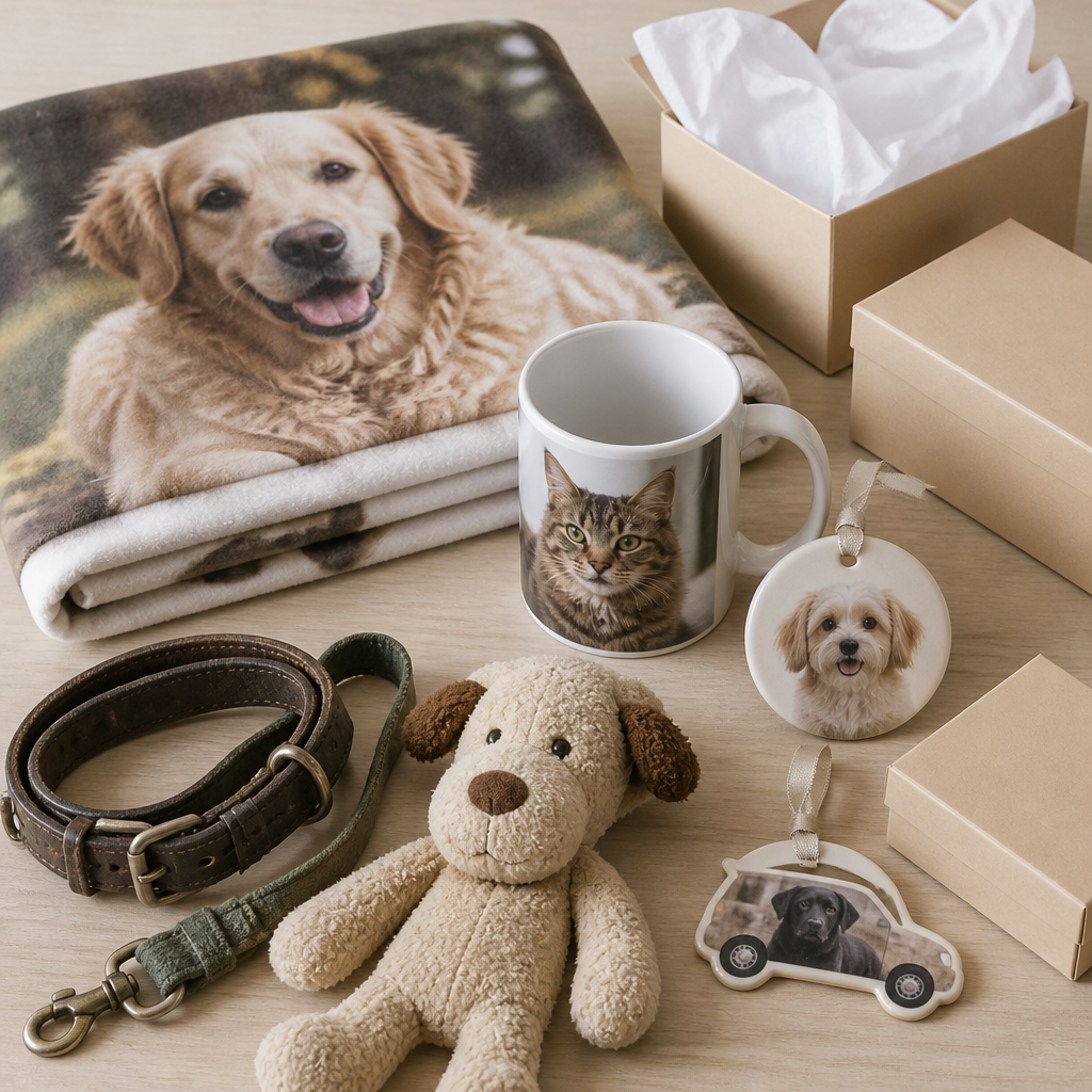 Flat-lay of memorial keepsake choices including a blanket, mug, ornament and pet toy on a wooden table