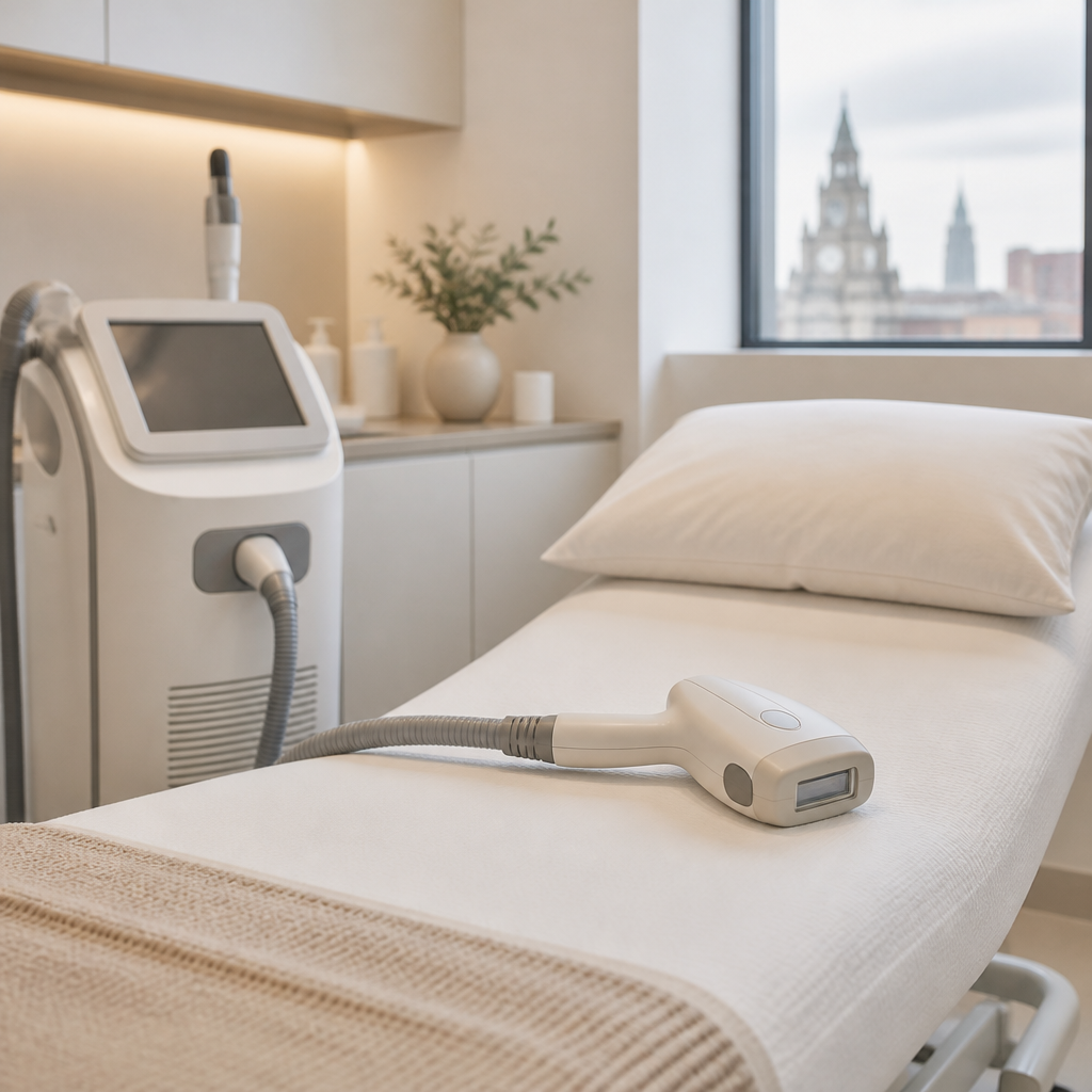 Laser hair removal device and treatment couch in a bright Liverpool clinic room, part of the laser hair removal journey in Liverpool.