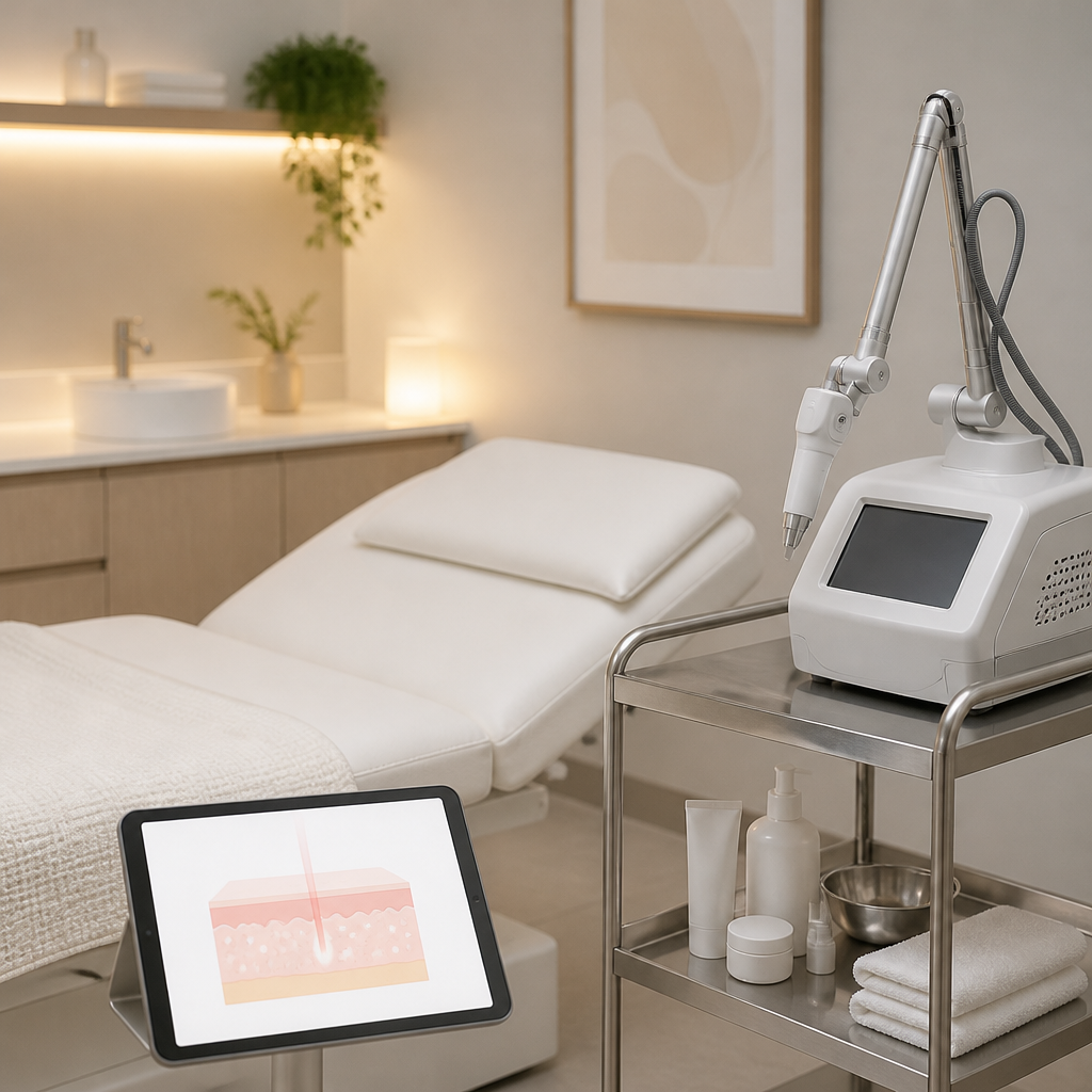 Practitioner and client discussing skin assessment during a laser hair removal consultation in a calm Liverpool clinic.