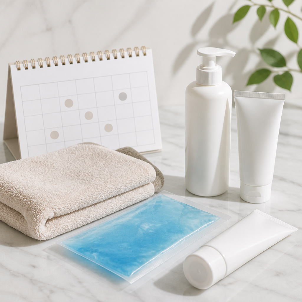 Plain aftercare products and a spaced session calendar arranged for laser hair removal aftercare routine.