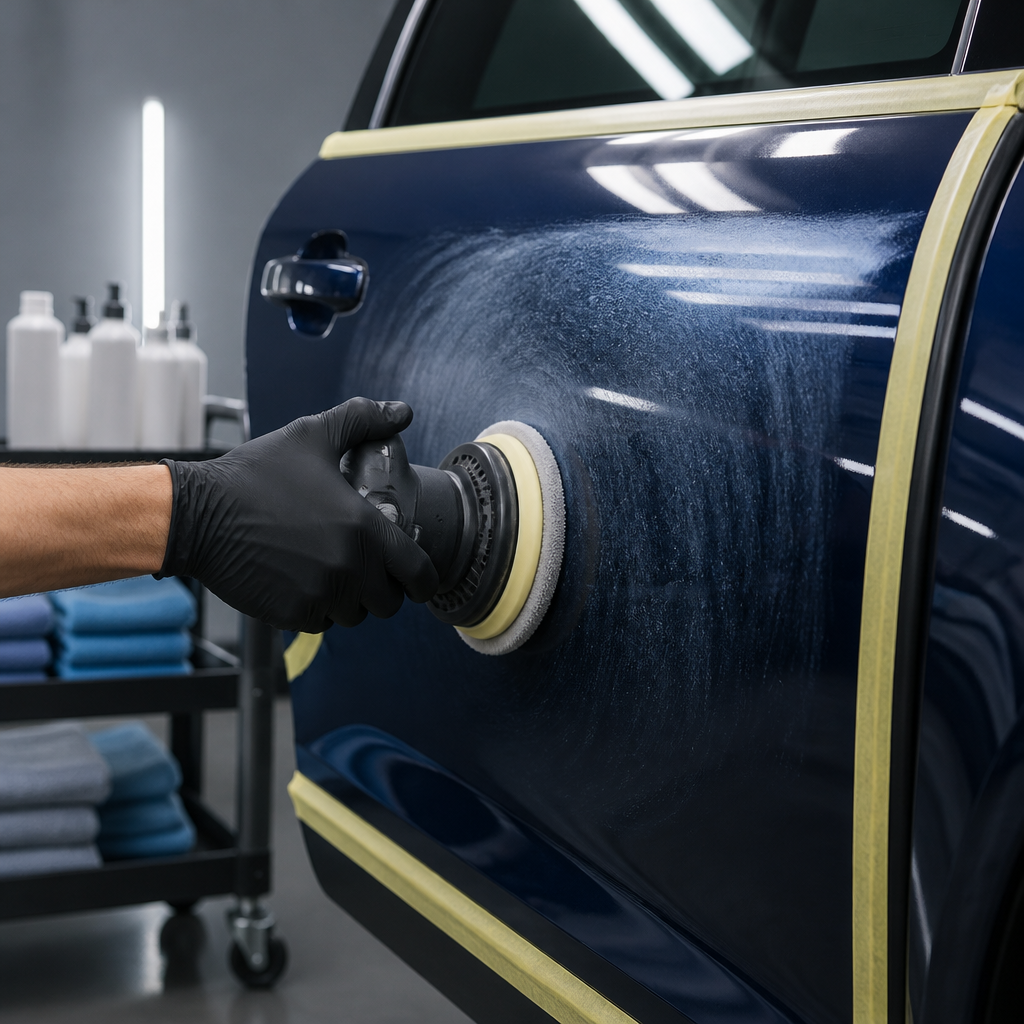 Machine polishing a blue car door panel with masking tape guarding trim during the multi-stage polishing process.