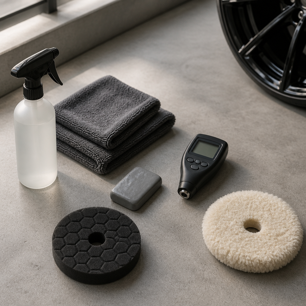 Detailing tools for decontamination and polishing laid out on a workbench ahead of paint correction work.