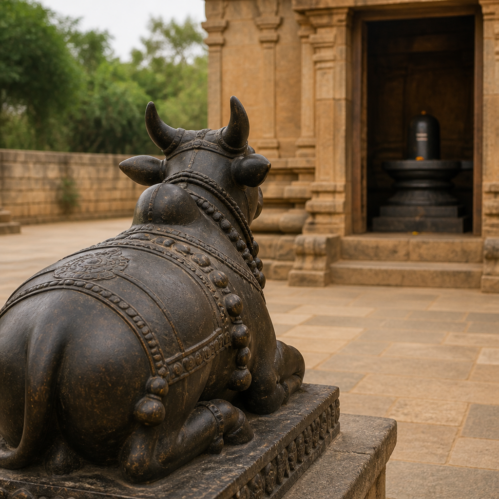 Nandi bull statue seated before a Shiva shrine, showing its carved saddle strap and detailed bronze finish.