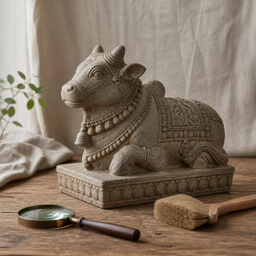 Close inspection of a carved Nandi bull sculpture's saddle detail on a wooden workbench.