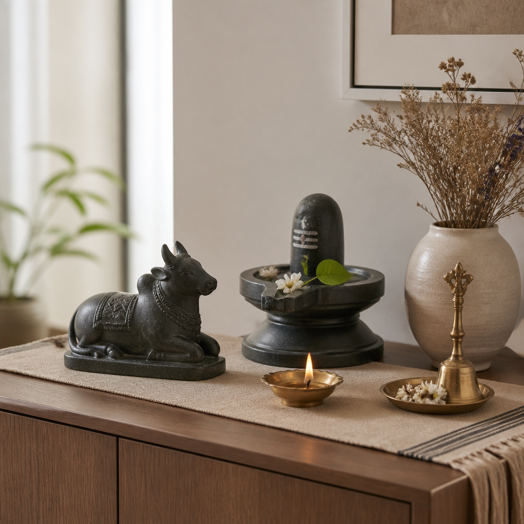 Home altar with a small Nandi bull statue facing a Shiva lingam sculpture beside a brass oil lamp.