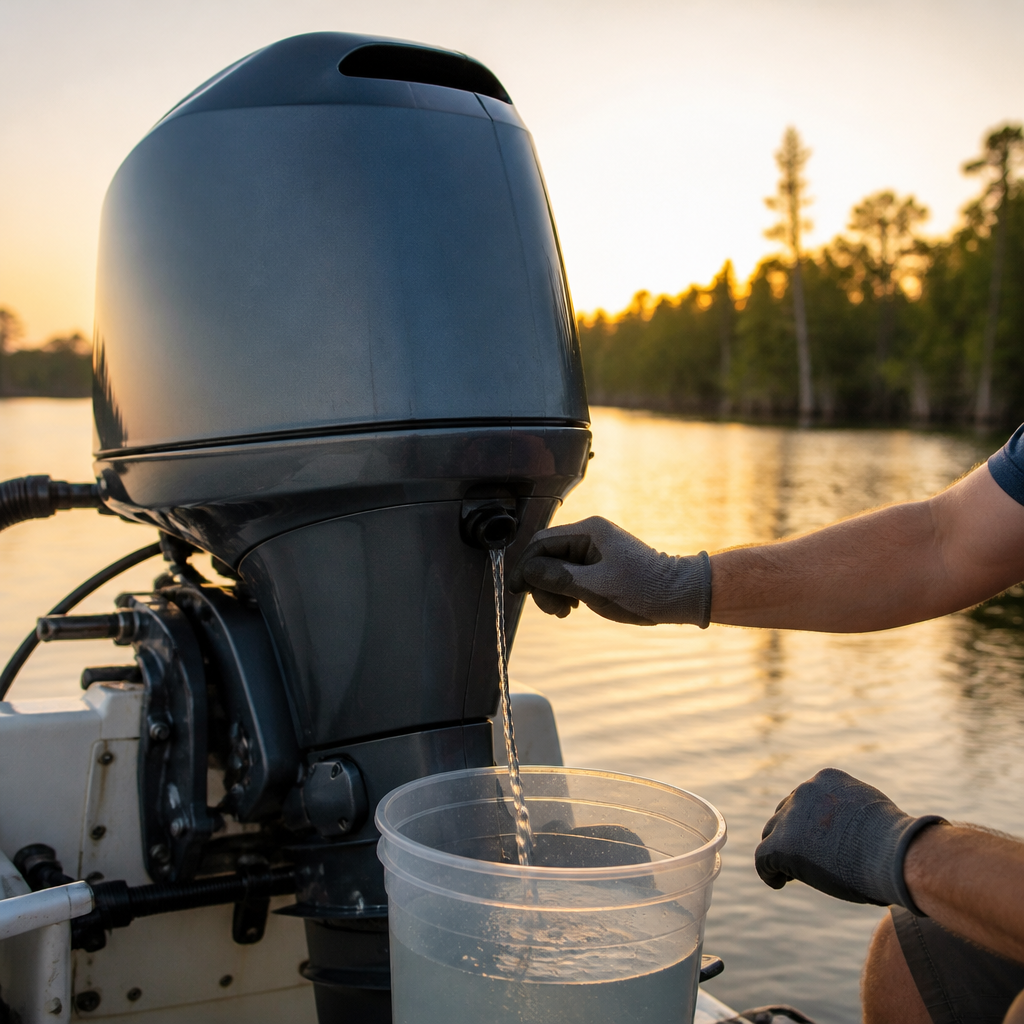 Mechanic checking the water telltale stream from an outboard lower unit at a Central Florida lake.