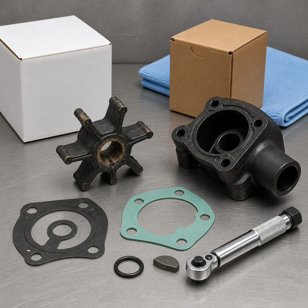 Worn rubber outboard impeller and pump parts laid out on a workbench for replacement.