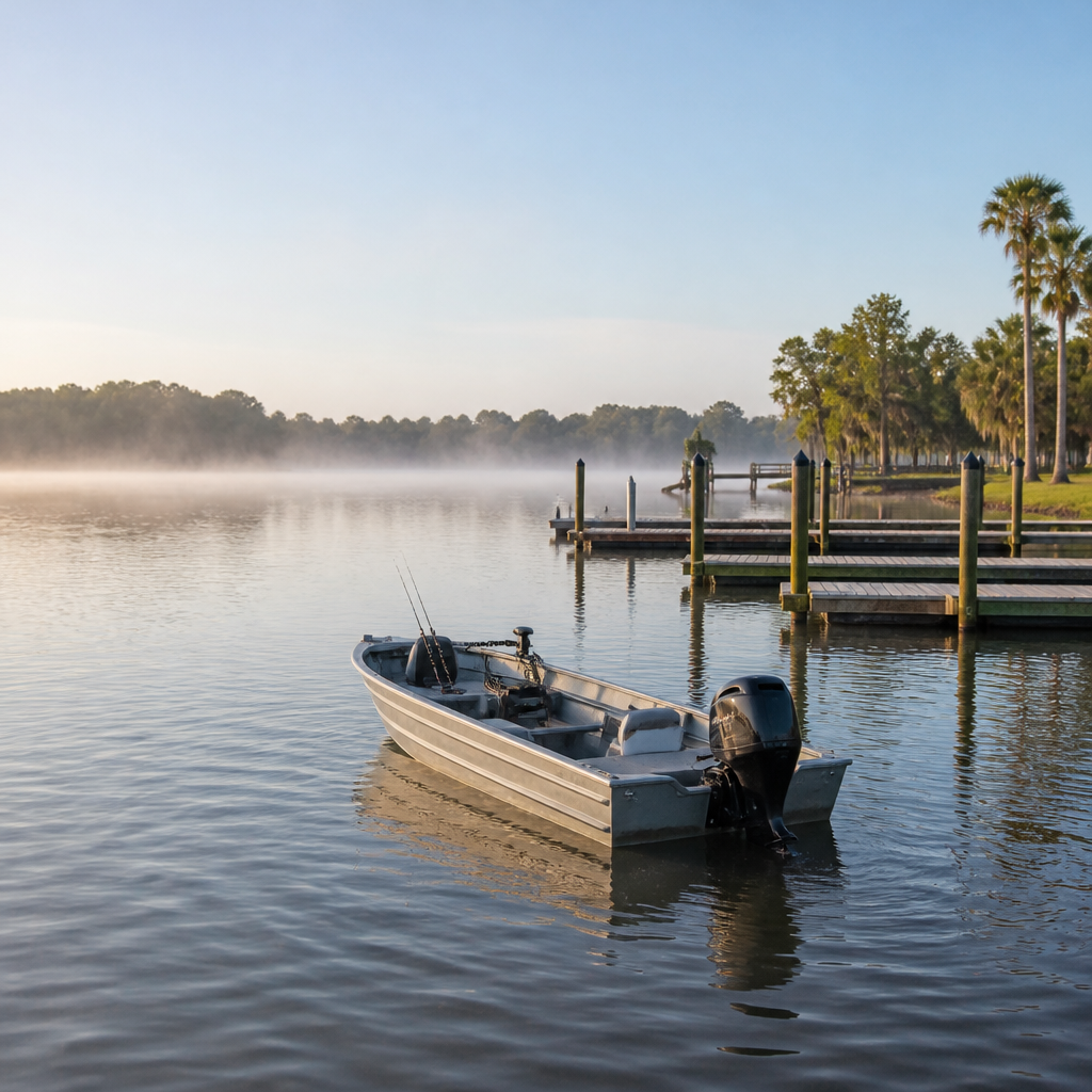 Small fishing boat with an outboard motor on a calm Central Florida lake at morning.