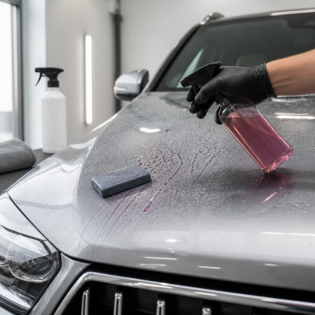 Clay bar decontamination being worked across a silver SUV hood before polishing, showing the prep stage.