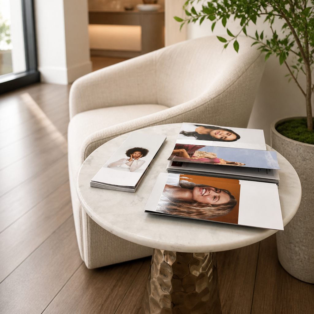 Waiting lounge side table with treatment guides beside a white armchair at a medical spa in Aurora
