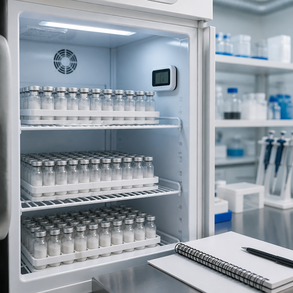 Laboratory cold storage shelves holding sealed peptide vials and a temperature monitor for stock level planning