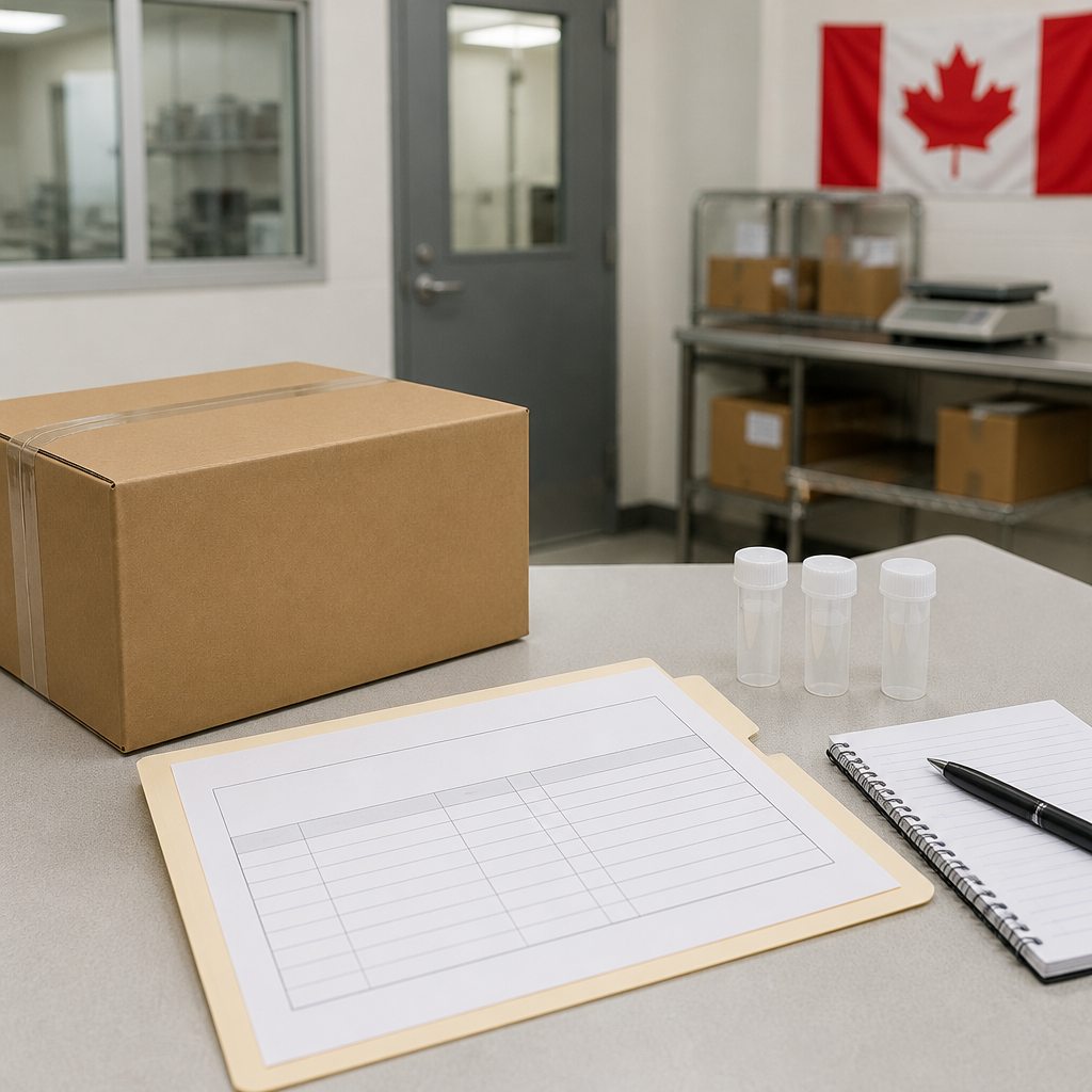 Receiving table with a sealed shipment box, paperwork folder, and vials for tracking a research peptide order in Canada