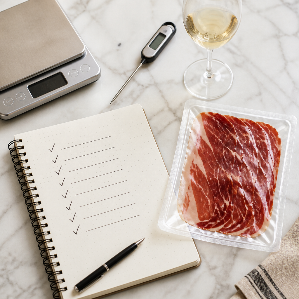 Mesa de trabajo con criterios de selección, báscula y lonchas de ibérico envasadas al vacío.