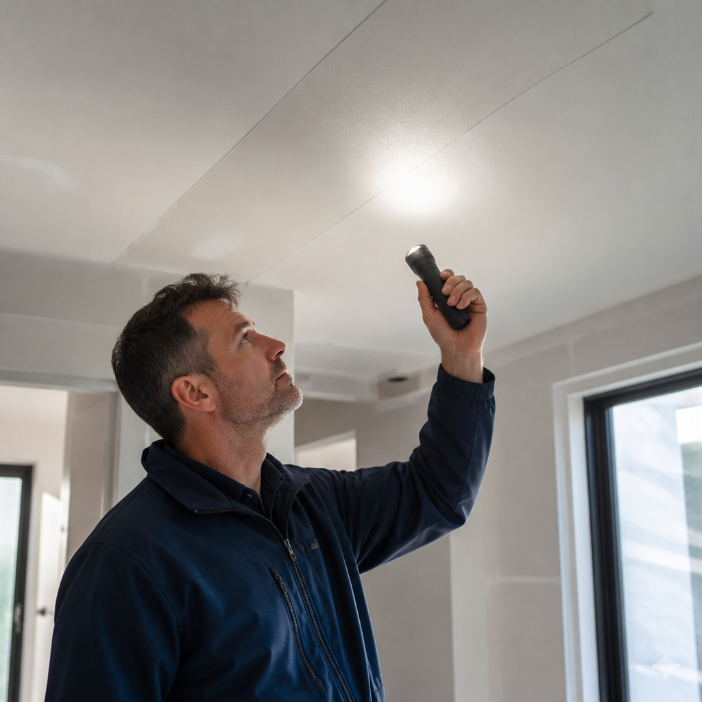 Inspector examining a new home plasterboard ceiling for ceiling defects under raking light