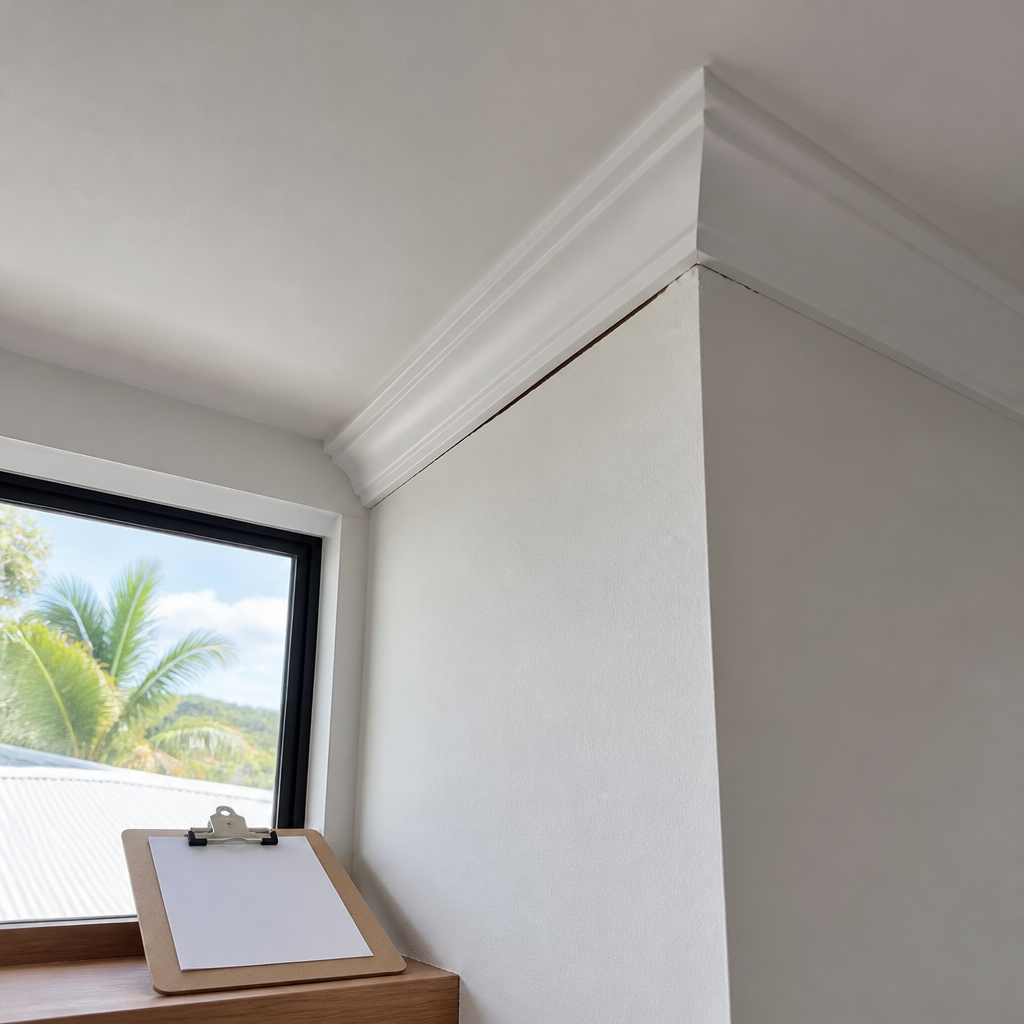 Close-up of a white cornice pulling away from a wall in a new home living room