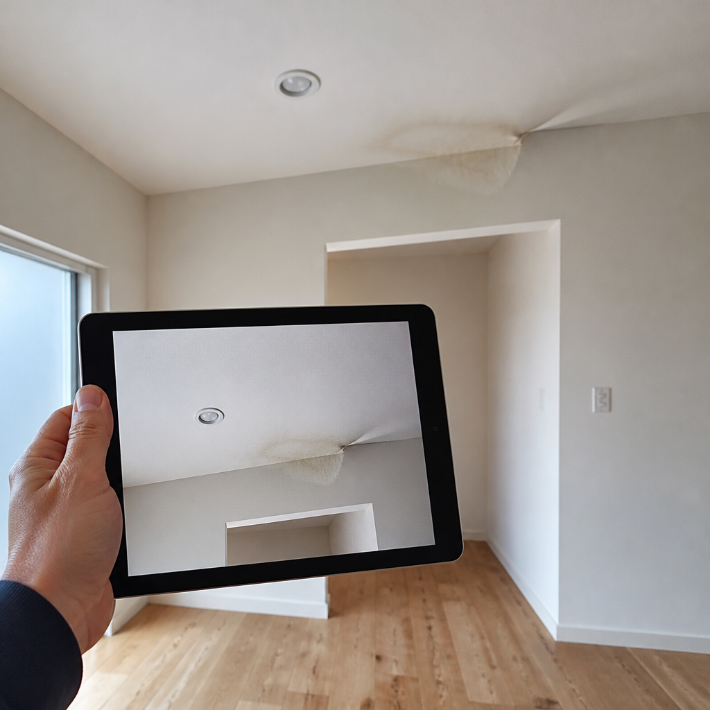 New home ceiling with a faint water stain and sag near a downlight, shown beside a defect report