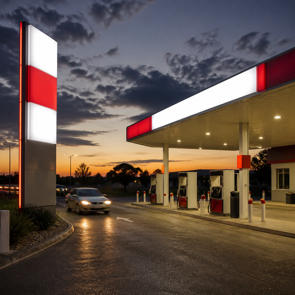 Illuminated petrol station signage and canopy fascia on a Gauteng forecourt at dusk, seen from the approach lane