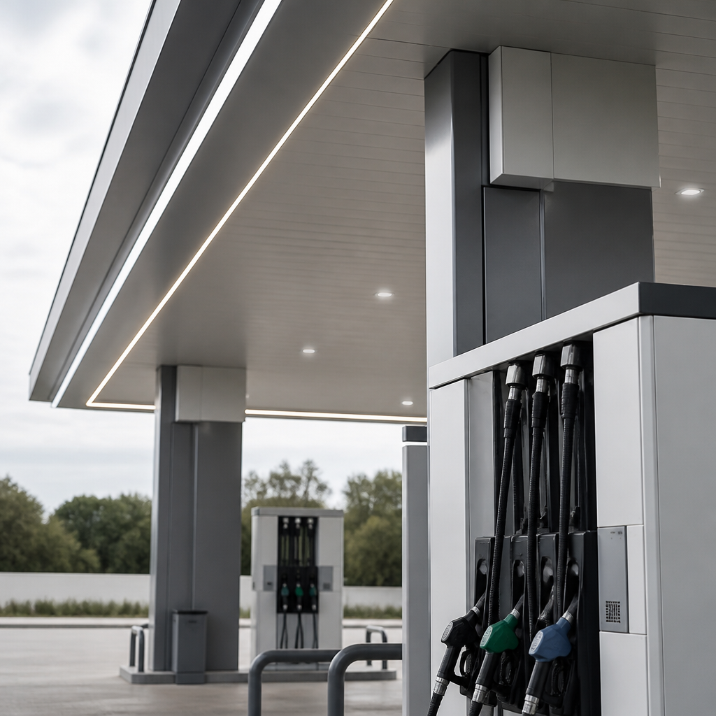 Underside of a forecourt canopy with LED lighting strips above fuel dispensers