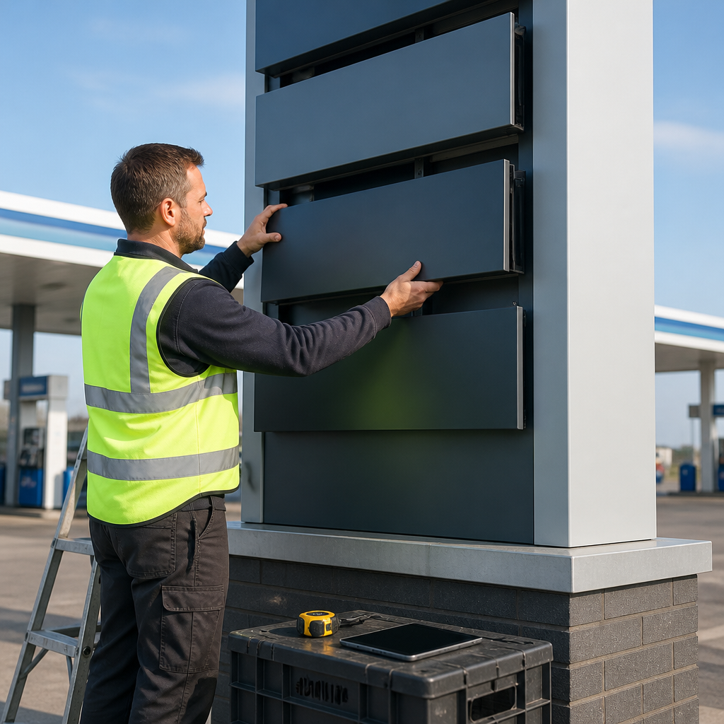 Signage installer mounting a blank sign panel on a petrol station pylon during a rebrand