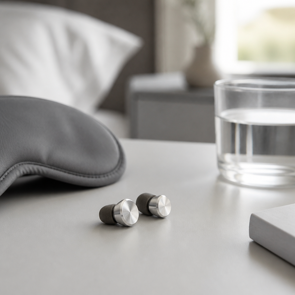 Metal-bodied reusable ear plugs with soft foam tips resting on a bedside table, illustrating auditory fatigue relief