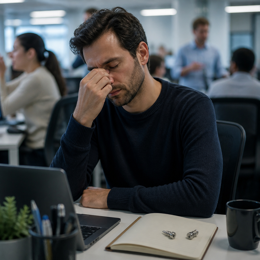 Office worker pausing at a desk with ear plugs nearby, showing the strain of noise overload and listening fatigue