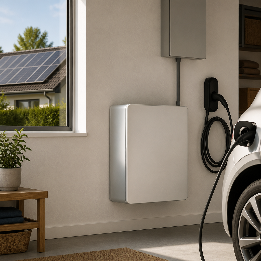 Casa con paneles solares y sistema de almacenamiento de energía junto a un coche eléctrico