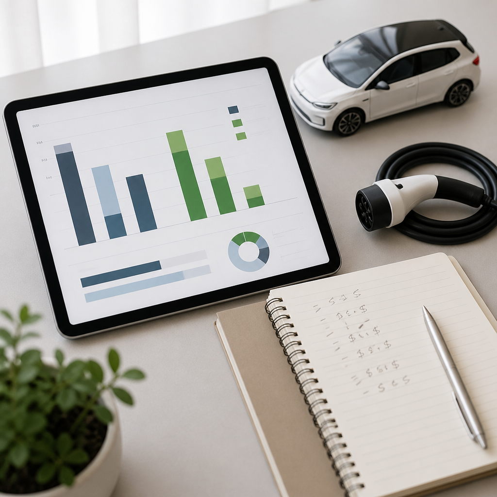 Escritorio con cálculos de ahorro de energía y gráficos de coste para un coche eléctrico
